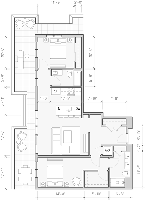 Floor plan for 2 beds, 2 baths, 1131 sqft